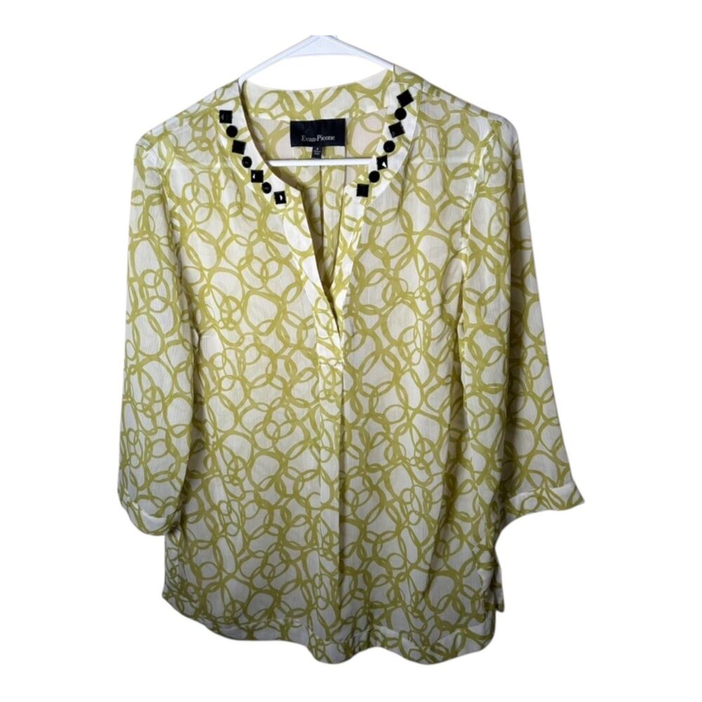 Evan-Picone Shirt Women's 6 Green Popover Beaded Sheer 3/4 Sleeve Top